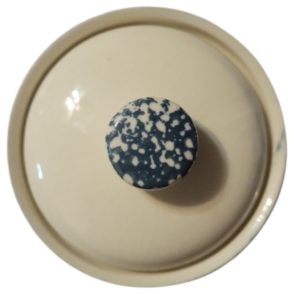Vtg 60's Blue White Speckled Stoneware Crock Canister Sponge Spatterware W/Lid - Picture 5 of 8